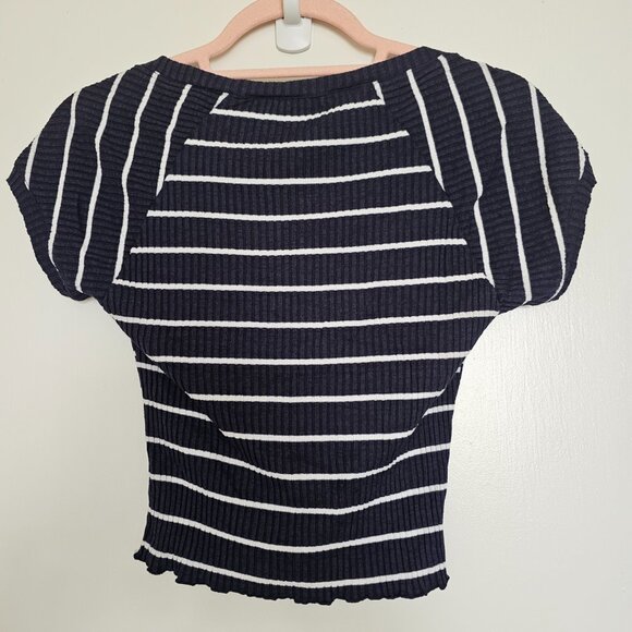 ALC Sabina Striped Stretchy Plunge Neckline Crop Top w Cap Sleeves, S, Blue &Wht - Picture 2 of 9